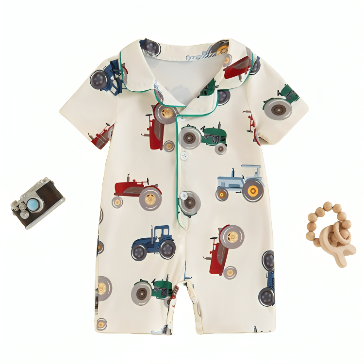 Short Sleeve Tractor Print Silk Pajamas