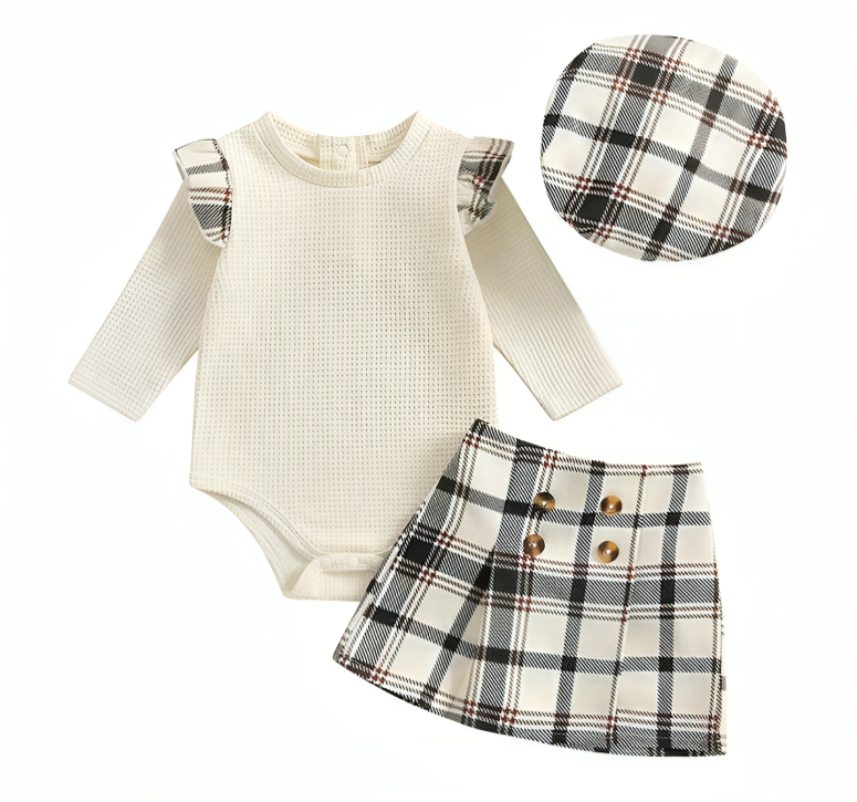 Long Sleeve Waffle Plaid Skirt Baby Set