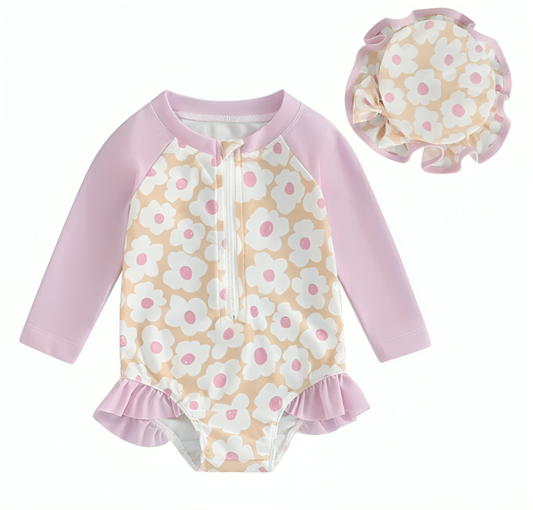 Long Sleeve Floral Ruffles Print Toddler Swimsuit