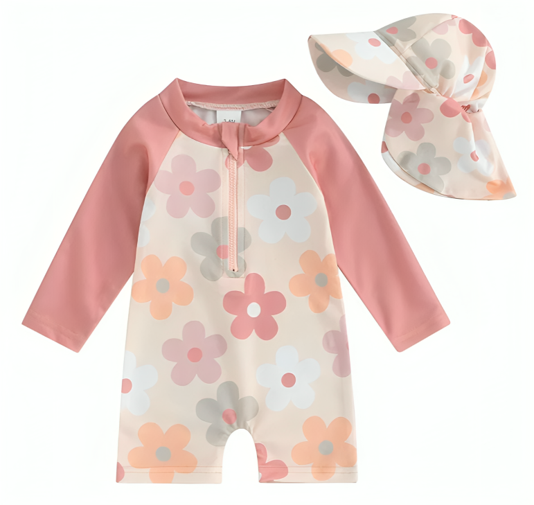 Long Sleeve Floral Zip Up Baby Swimsuit