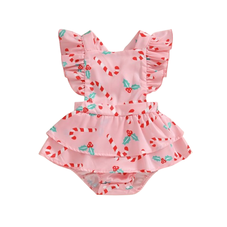 Pink Candy Cane Christmas Ruffled Baby Romper