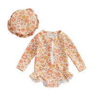 Long Sleeve Zipper Floral Toddler Swimsuit