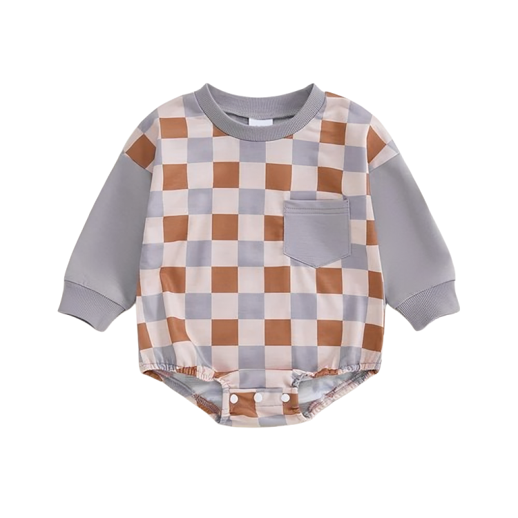 Long Sleeve Plaid Cotton Sweatshirt Bodysuit