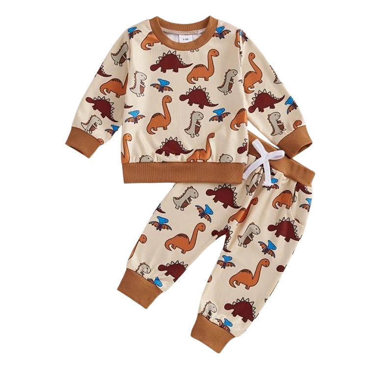 Long Sleeve Brown Dinosaurs Print Baby Set