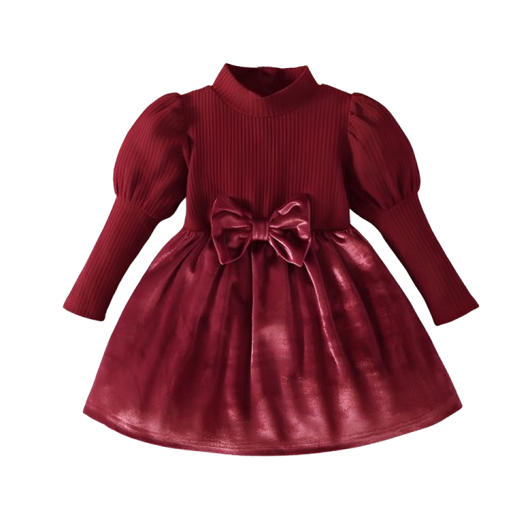 High Neck Long Sleeved Bow Holiday Dress