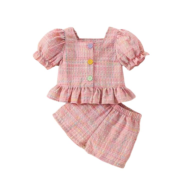 Bubble Sleeve Buttoned Pink Plaid Set