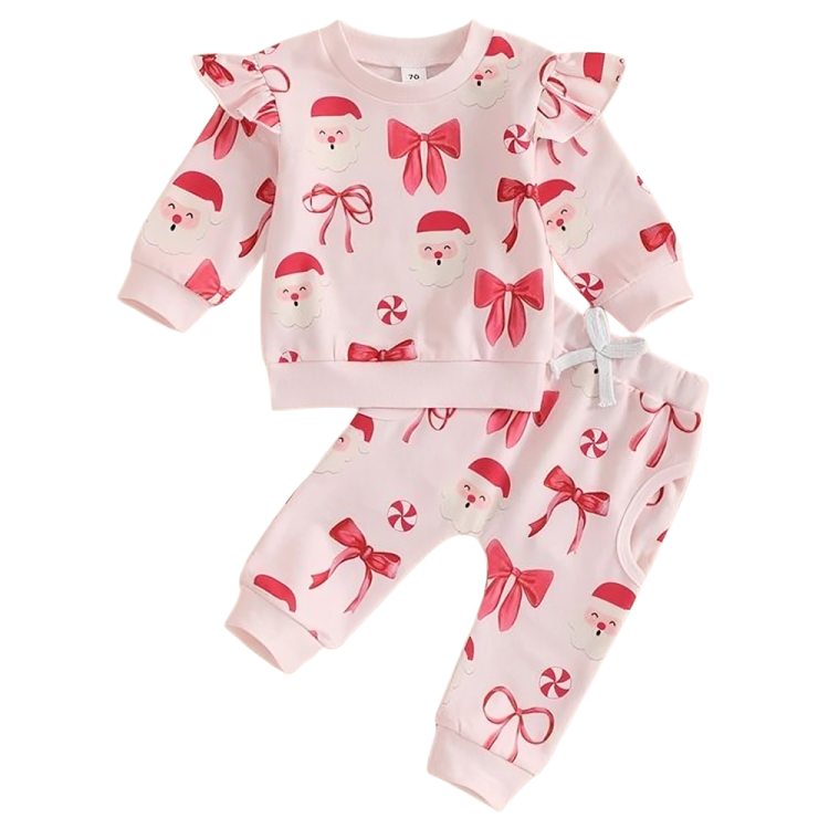 Pink Santa Claus Bow Print Baby Set