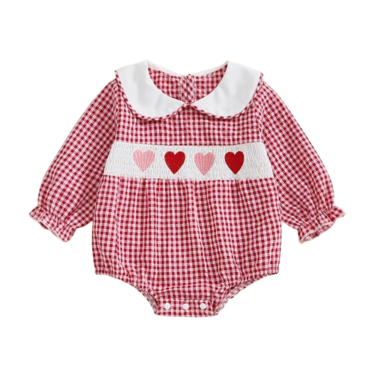 Long Sleeve Plaid Collar Hearts Baby Romper