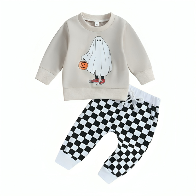 Halloween Ghost Checkered Pants Baby Set