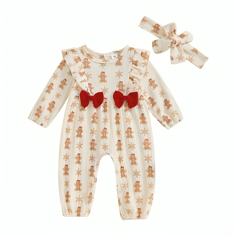 Gingerbread Pattern Bowed Baby Jumpsuit