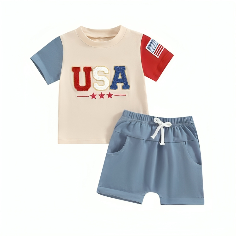 Short Sleeve USA Themed Embroidery Baby Set