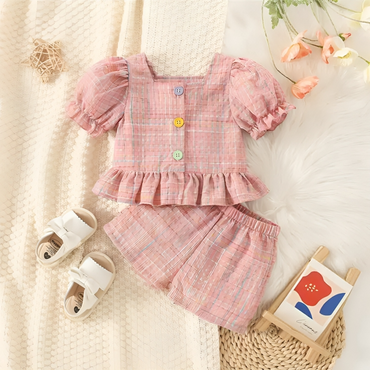 Bubble Sleeve Buttoned Pink Plaid Set