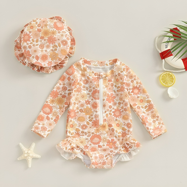 Long Sleeve Zipper Floral Toddler Swimsuit