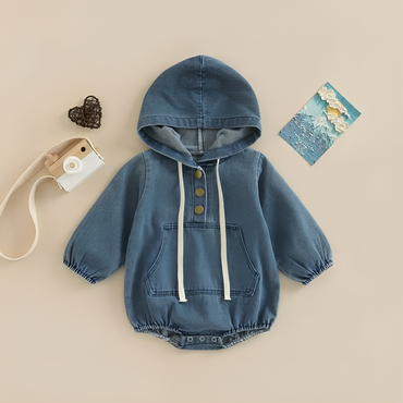 Full Denim Hooded Long Sleeve Baby Romper