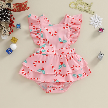 Pink Candy Cane Christmas Ruffled Baby Romper