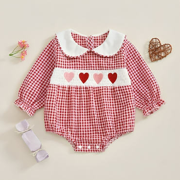 Long Sleeve Plaid Collar Hearts Baby Romper