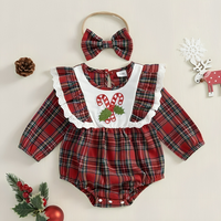 Cute Christmas Lace Plaid Baby Romper Set