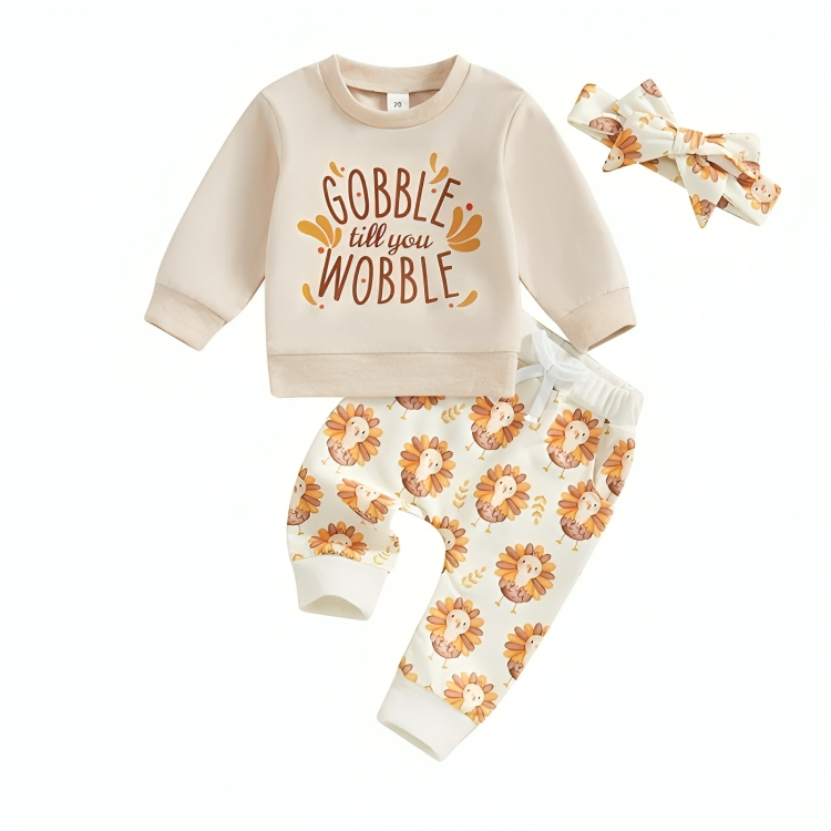 Long Sleeve "Gobble Til You Wobble" Print Baby Set