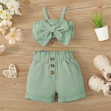 Green Sleeveless Suspender Bow Top Set