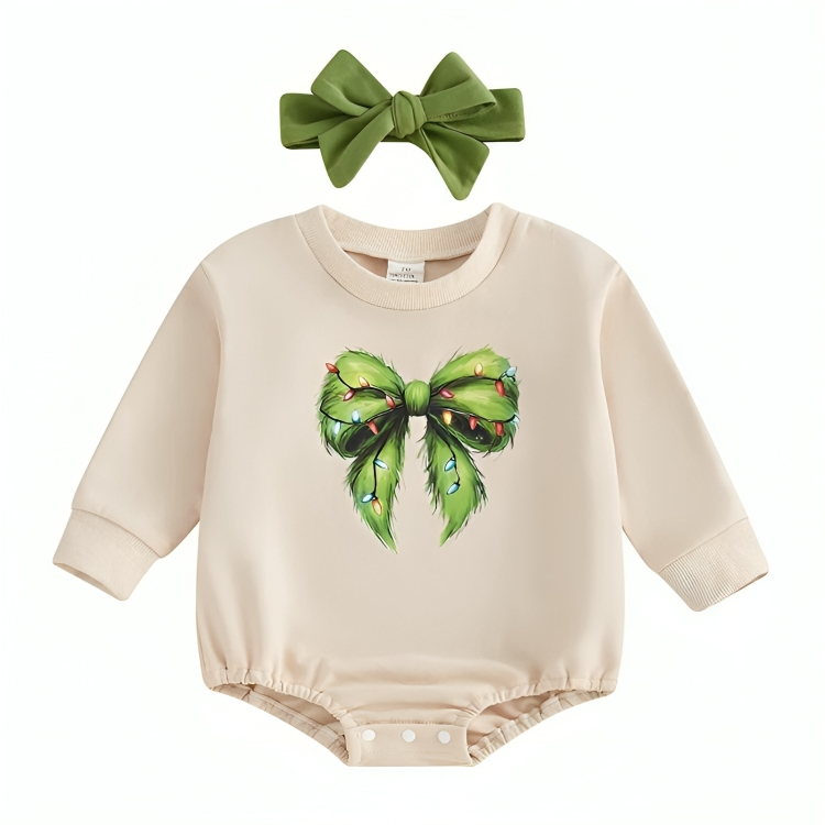 Long Sleeve Green Christmas Bow Baby Bodysuit Set