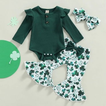 St. Patrick's Day Green Clover Flared Pants Set