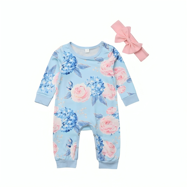 Long Sleeve Floral Baby Bow Jumpsuit Set