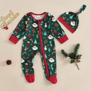 Green Christmas Zipper Footed Baby Jumpsuit