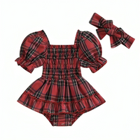 Short Puff Sleeve Christmas Plaid Baby Romper