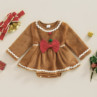 Long Sleeve Gingerbread Bow Baby Romper Dress