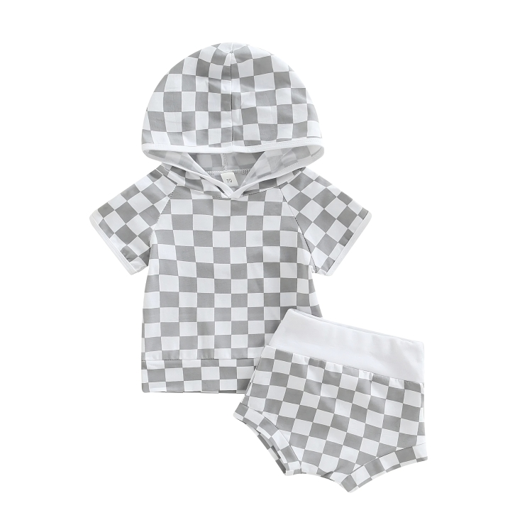 Short Sleeve Grey Checkerboard Hooded Set