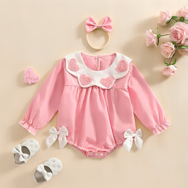 Long Sleeve Pink Heart Bow Ruffle Bodysuit