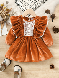 Orange Ruffle Satin Long Sleeve Finish Dress