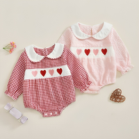 Long Sleeve Plaid Collar Hearts Baby Romper