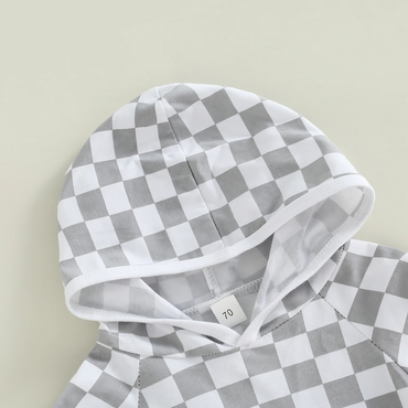 Short Sleeve Grey Checkerboard Hooded Set