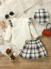 Long Sleeve Waffle Plaid Skirt Baby Set