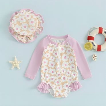 Long Sleeve Floral Ruffles Print Toddler Swimsuit