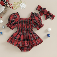 Short Puff Sleeve Christmas Plaid Baby Romper