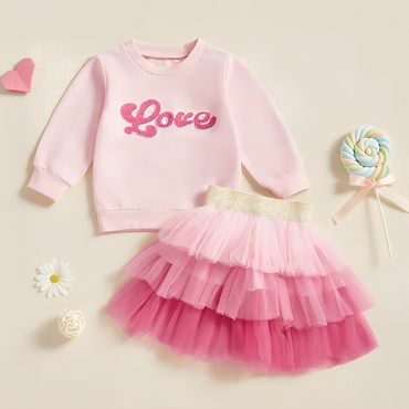 Long Sleeve Pink Love Skirt Toddler Set