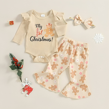 Cute Gingerbread Print Flare Pants Set