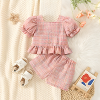 Bubble Sleeve Buttoned Pink Plaid Set