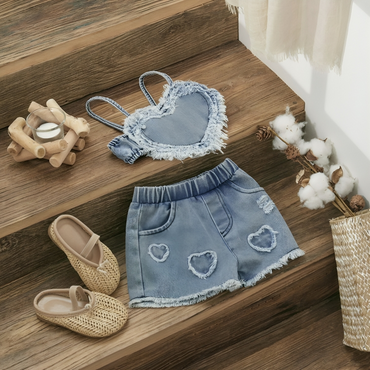 Denim Heart Crop Top Summer Set