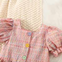 Bubble Sleeve Buttoned Pink Plaid Set