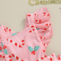 Pink Candy Cane Christmas Ruffled Baby Romper