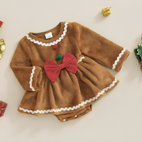 Long Sleeve Gingerbread Bow Baby Romper Dress