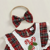 Cute Christmas Lace Plaid Baby Romper Set