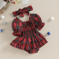 Short Puff Sleeve Christmas Plaid Baby Romper