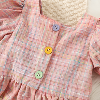 Bubble Sleeve Buttoned Pink Plaid Set