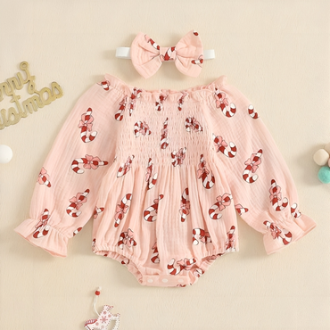 Pink Christmas Candy Cane Puff Sleeve Romper