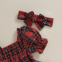 Short Puff Sleeve Christmas Plaid Baby Romper