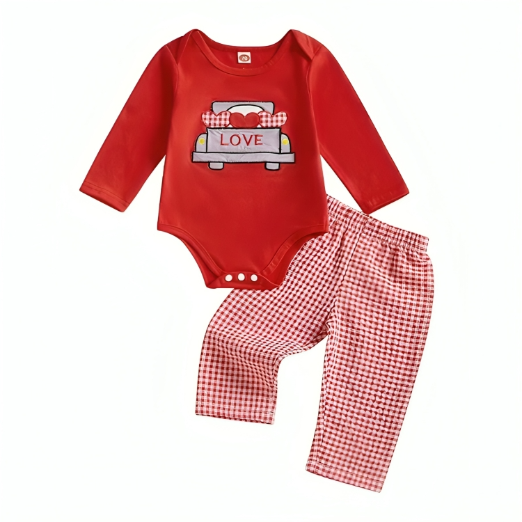 Long Sleeve Love Plaid Pants Baby Set